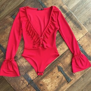 NASTY GAL long sleeve, deep V, red bodysuit size 4